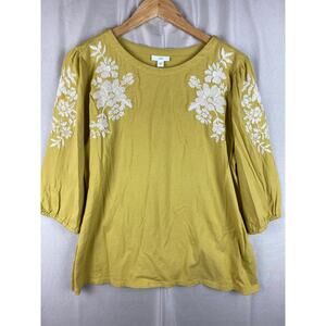 J. Jill floral-embroidered 3/4 sleeve top Women’s sz Large L Tencel/Cotton Boho
